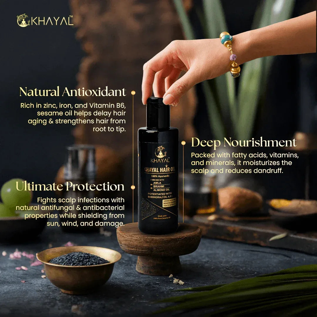 Khayal Hair Oil with Pure Sesame Oil Base | For Hair Strength & Scalp Health | 100% Organic | Crafted by Taila Paka Vidhi - Khayal Health